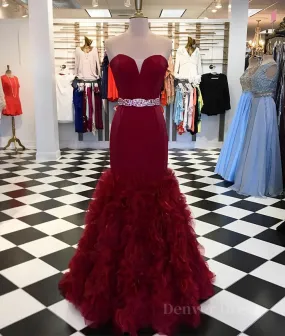 kamahe Burgundy sweetheart mermaid long prom dress, burgundy evening dress
