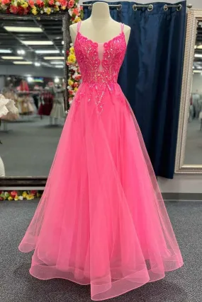 kamahe V Neck Hot Pink Backless Lace Prom Dresses, Open Back Hot Pink Lace Formal Evening Dresses