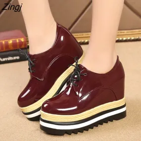 kamames Brand Spring Casual Solid Women Shoes Patent Leather Lace-Up Loafers Platforms Sneakers British Style Ladies Oxfords W4