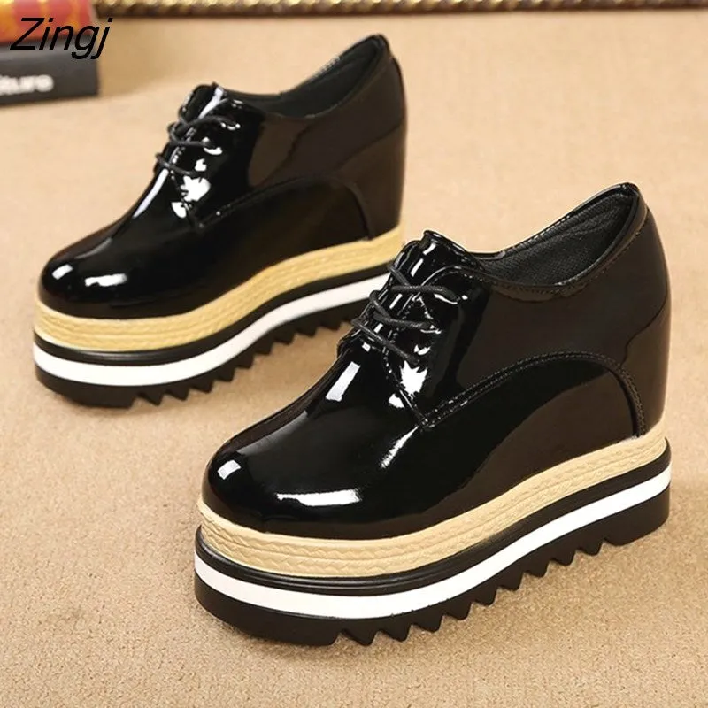 kamames Brand Spring Casual Solid Women Shoes Patent Leather Lace-Up Loafers Platforms Sneakers British Style Ladies Oxfords W4