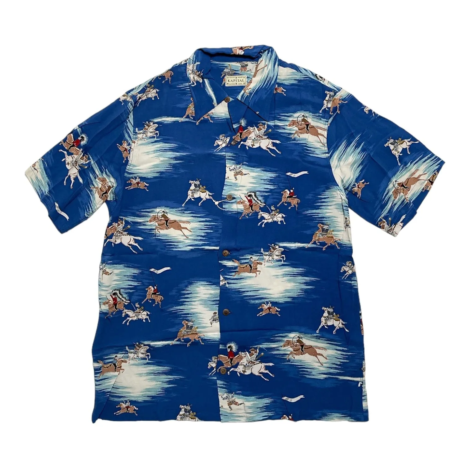 Kapital Kamikaze Aloha Rayon Short Sleeve Button Up Shirt Blue