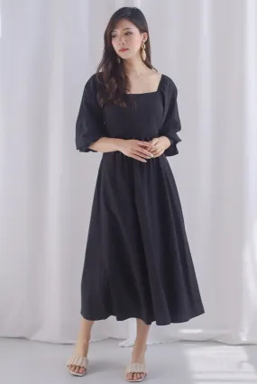 Karlina Puffy Sleeve Square Neckline Midi Dress In Black