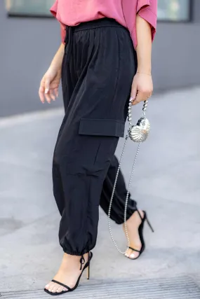 Kellie - Silky Drawstring Cargo Pants - Black