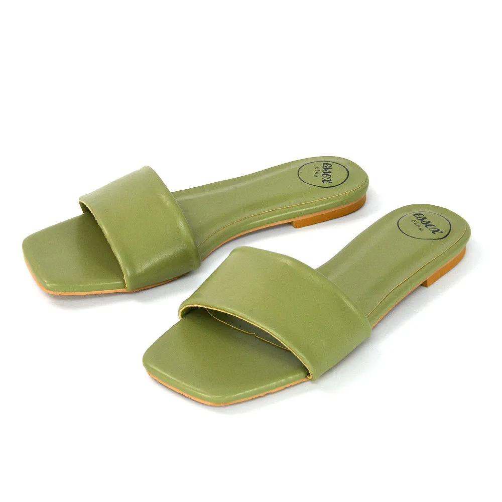 Kenna Flat Mule Strappy Square Toe Sandal Sliders in Nude Synthetic Leather
