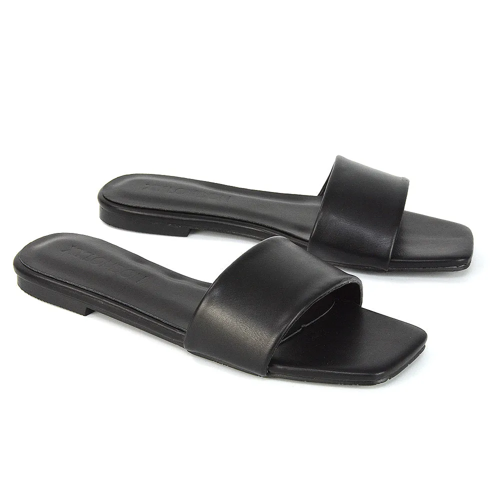Kenna Flat Mule Strappy Square Toe Sandal Sliders in Nude Synthetic Leather