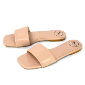 Kenna Flat Mule Strappy Square Toe Sandal Sliders in Nude Synthetic Leather