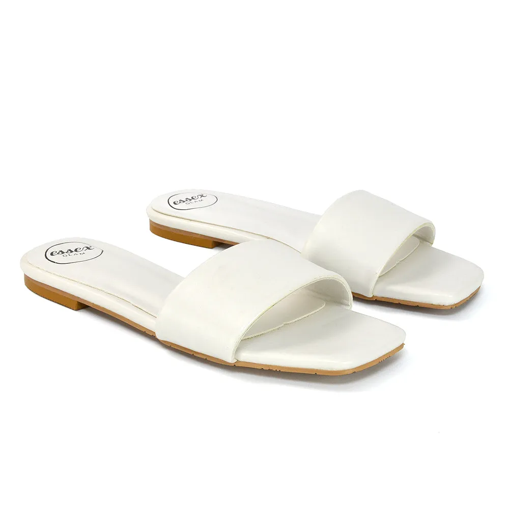 Kenna Flat Mule Strappy Square Toe Sandal Sliders in Nude Synthetic Leather
