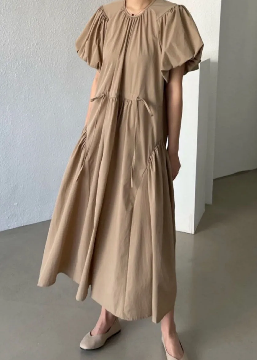 Khaki Patchwork Cotton Dresses Wrinkled Puff Sleeve LY2132