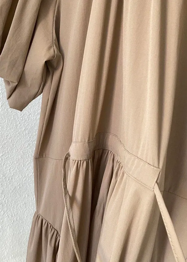 Khaki Patchwork Cotton Dresses Wrinkled Puff Sleeve LY2132