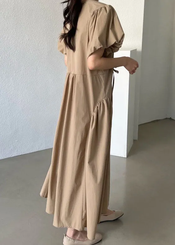 Khaki Patchwork Cotton Dresses Wrinkled Puff Sleeve LY2132