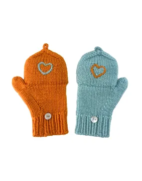 Kids Cashmere Hobo Gloves with hearts in Mandarin and Turkis