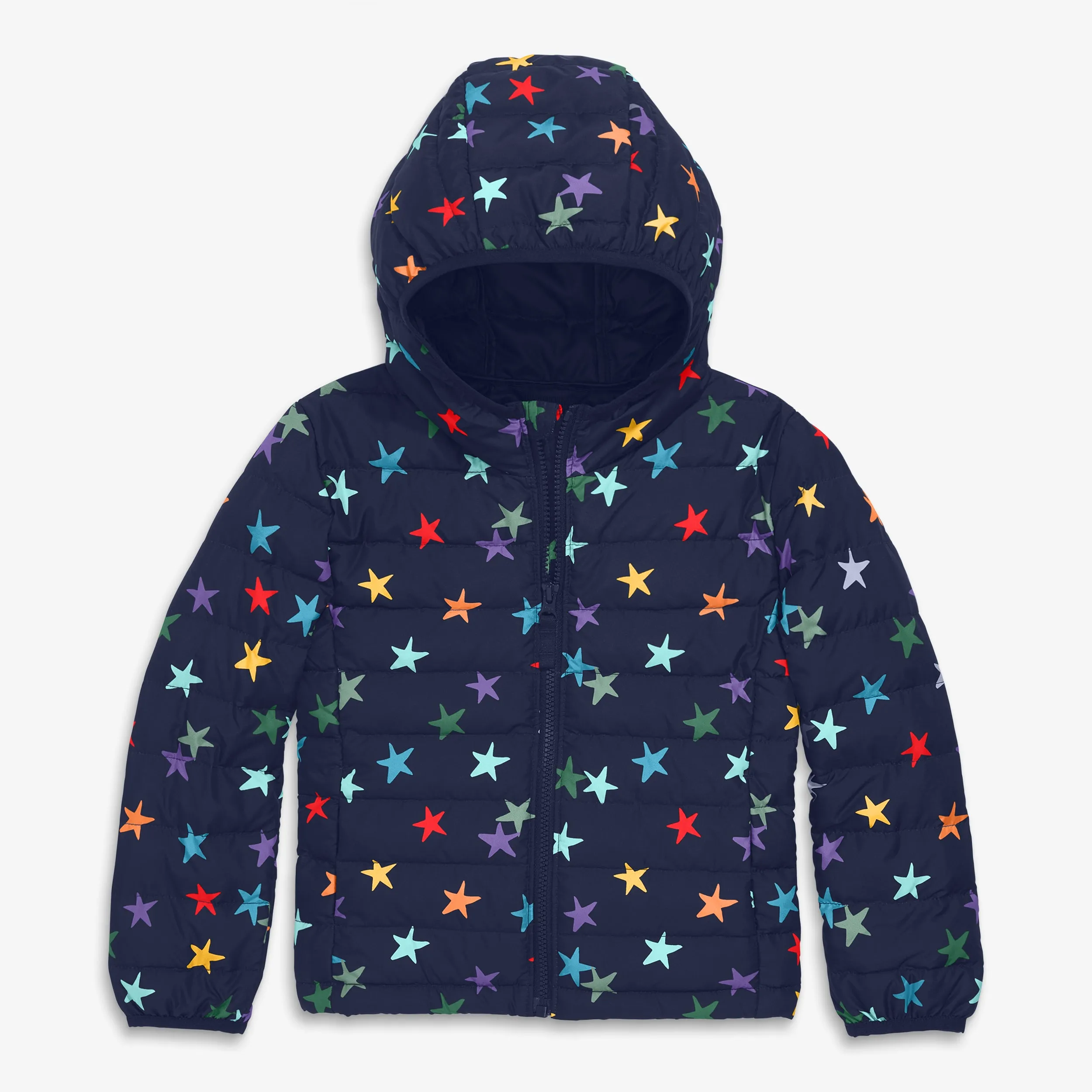 Kids lightweight puffer jacket in rainbow confetti stars