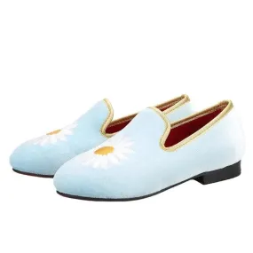 Kids Loafers Daisy Dreams: Handmade Toddler Loafers in Sky Blue Velvet with Charming Daisy Embroidery