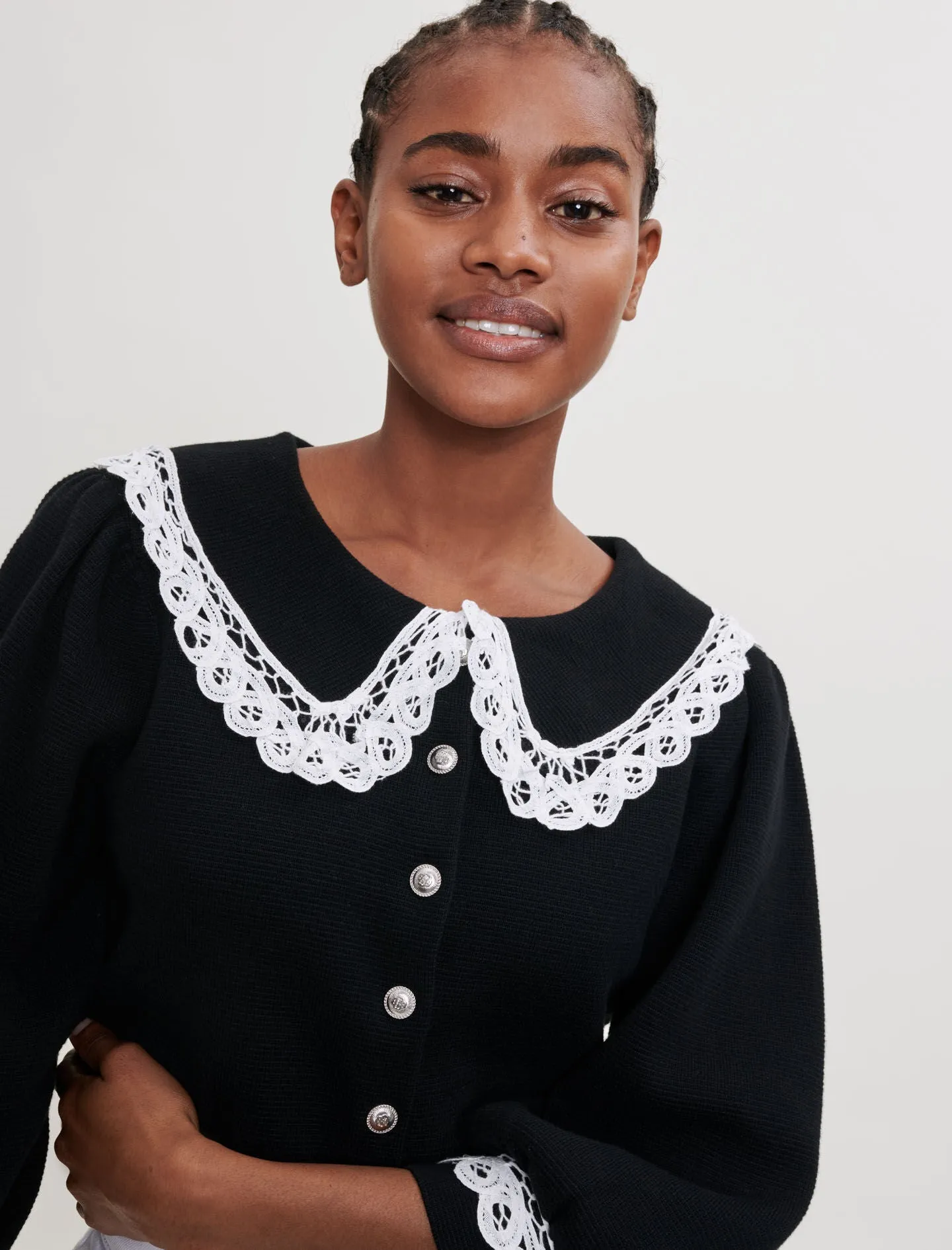 KNIT CARDIGAN WITH LARGE CONTRAST COLLAR