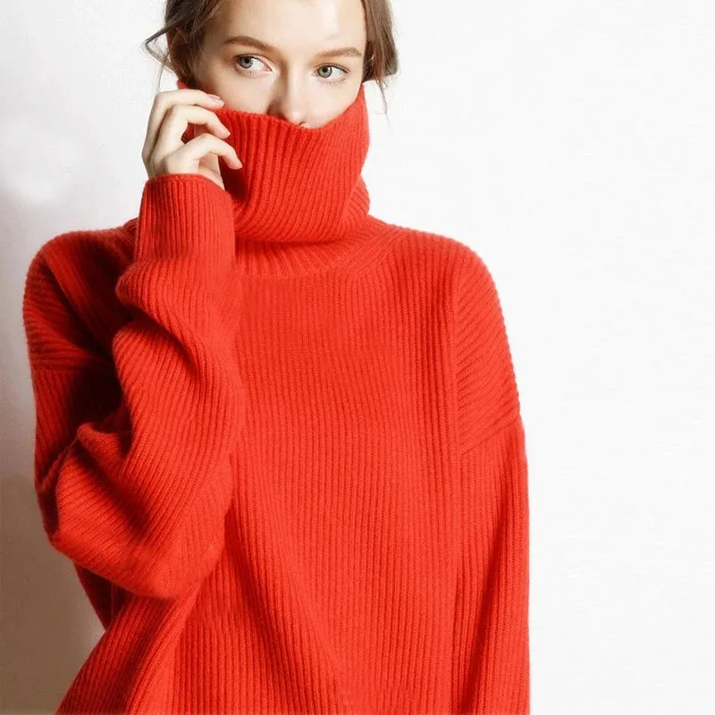 Knitted Turtlenecks Casual Loose Oversized Lady Sweaters  Pullover.