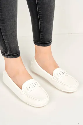 Kristin Flat Square Toe Loafers with Chain Detail in White