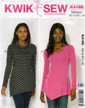 Kwik Sew K4189 Womens Stretch Diagonal Twist / Cowl Neck Tops Out Of Print Sewing Pattern Size XS - XL UNCUT Factory Folded