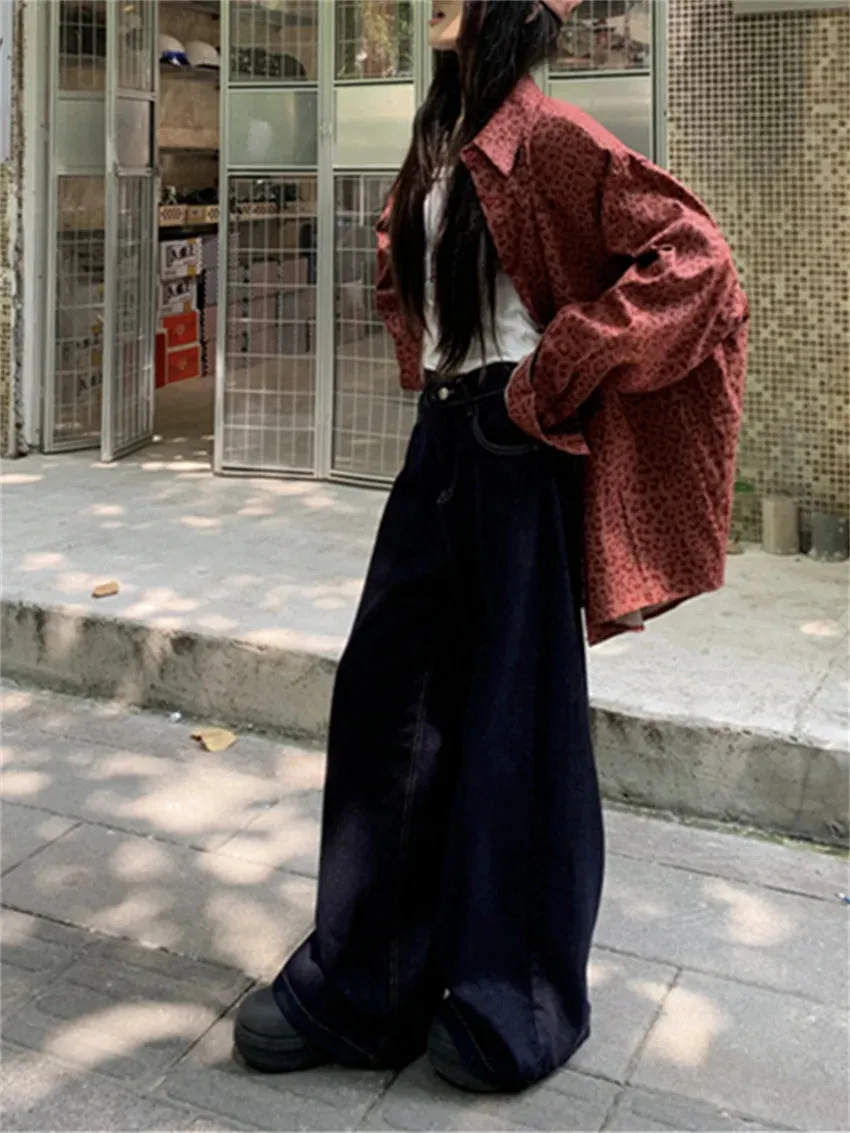 KYLETHOMASW  -   Ankela Red Jackets Women Leopard Loose New Streetwear Autumn Chic Vintage All Match Coats Denim Wide Leg Jeans