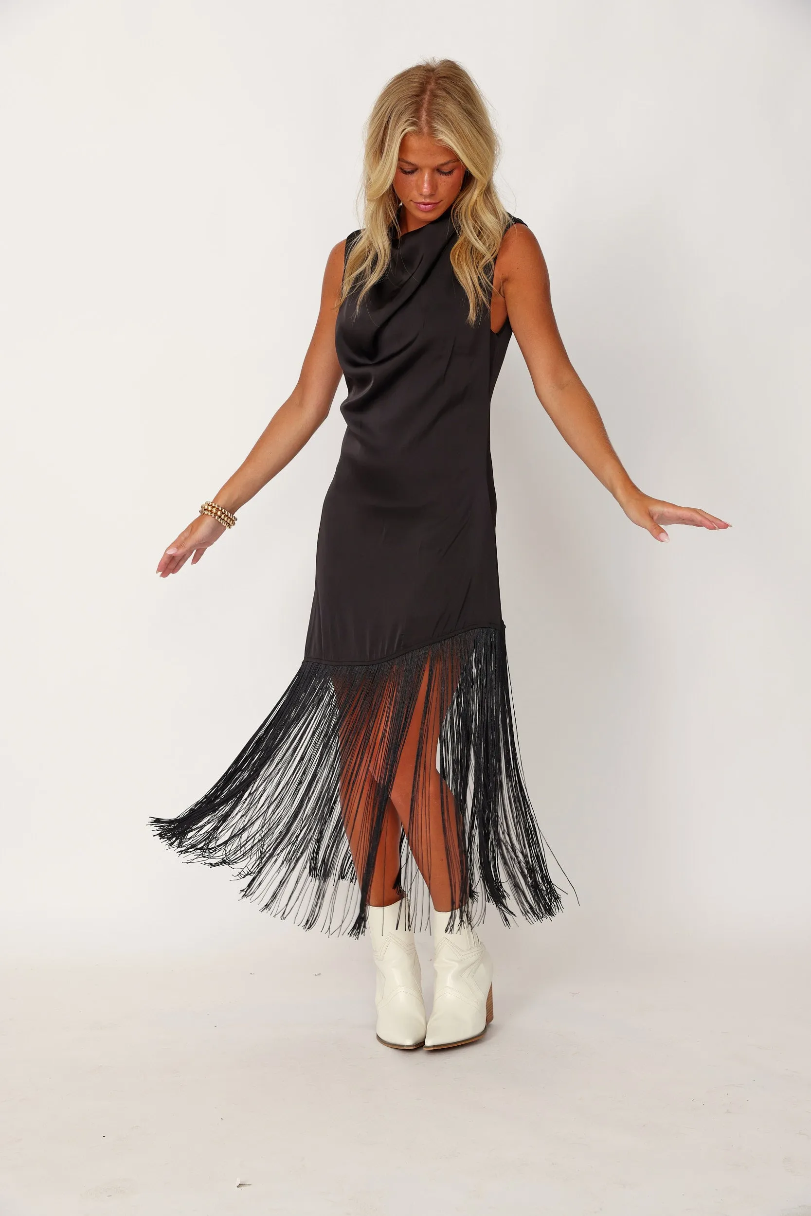 Kyron Fringed Hem Cowl Neck Midi Dress