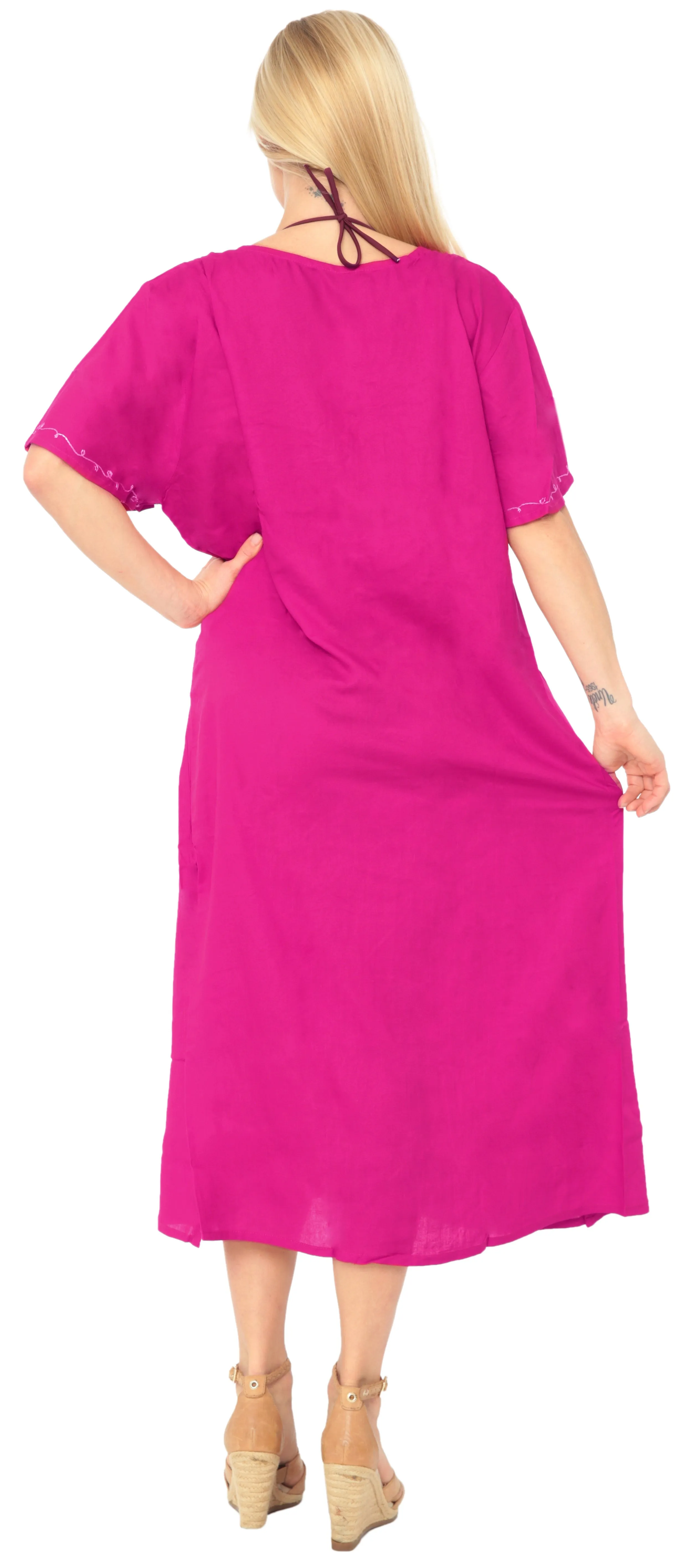 La Leela Women's Pink Maxi Dress With Neck Border Embroidery Front Cut L - XL