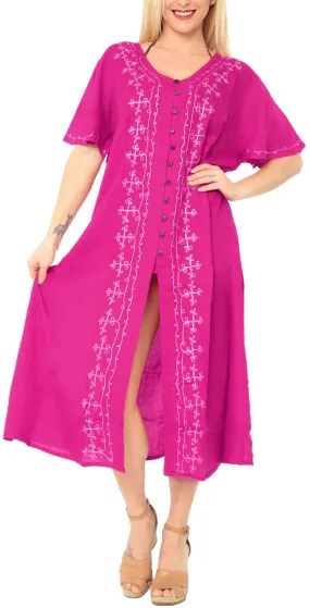 La Leela Women's Pink Maxi Dress With Neck Border Embroidery Front Cut L - XL
