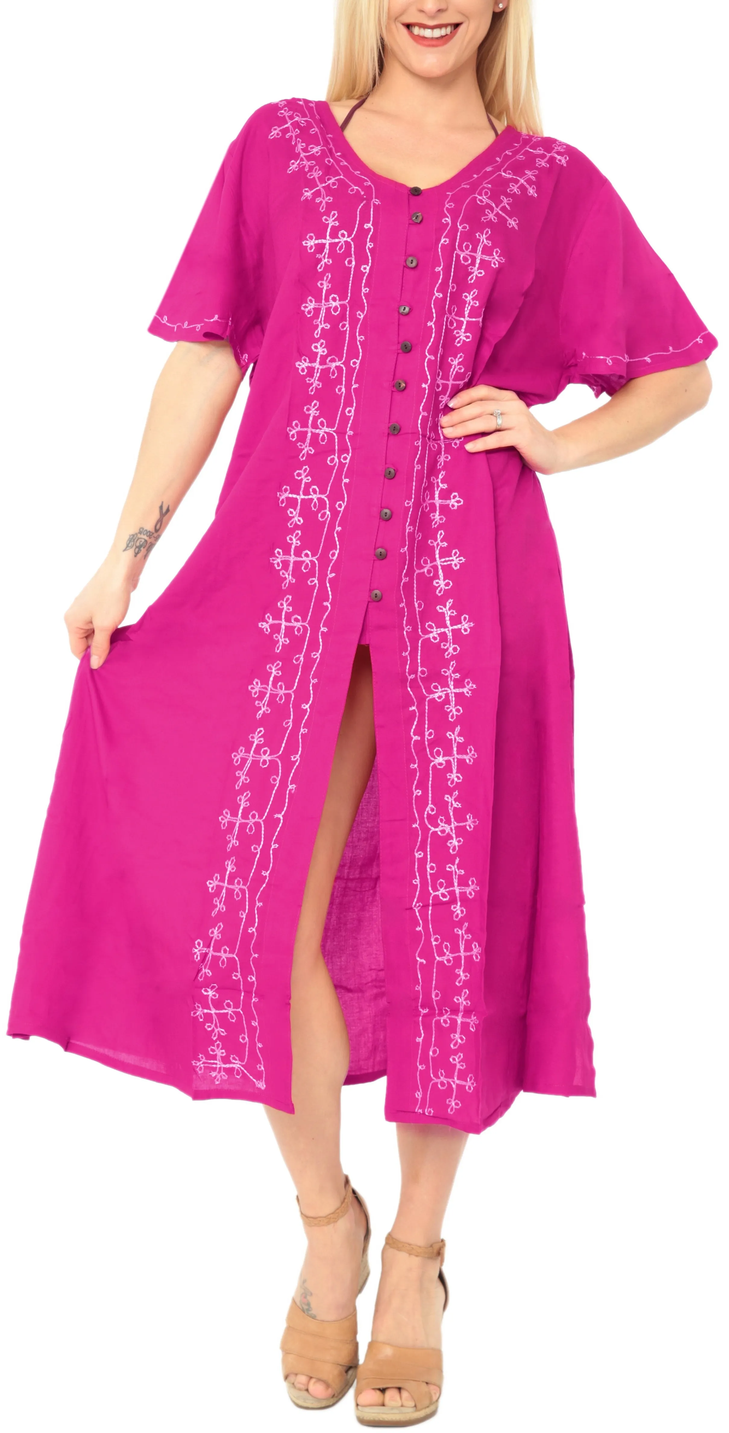 La Leela Women's Pink Maxi Dress With Neck Border Embroidery Front Cut L - XL