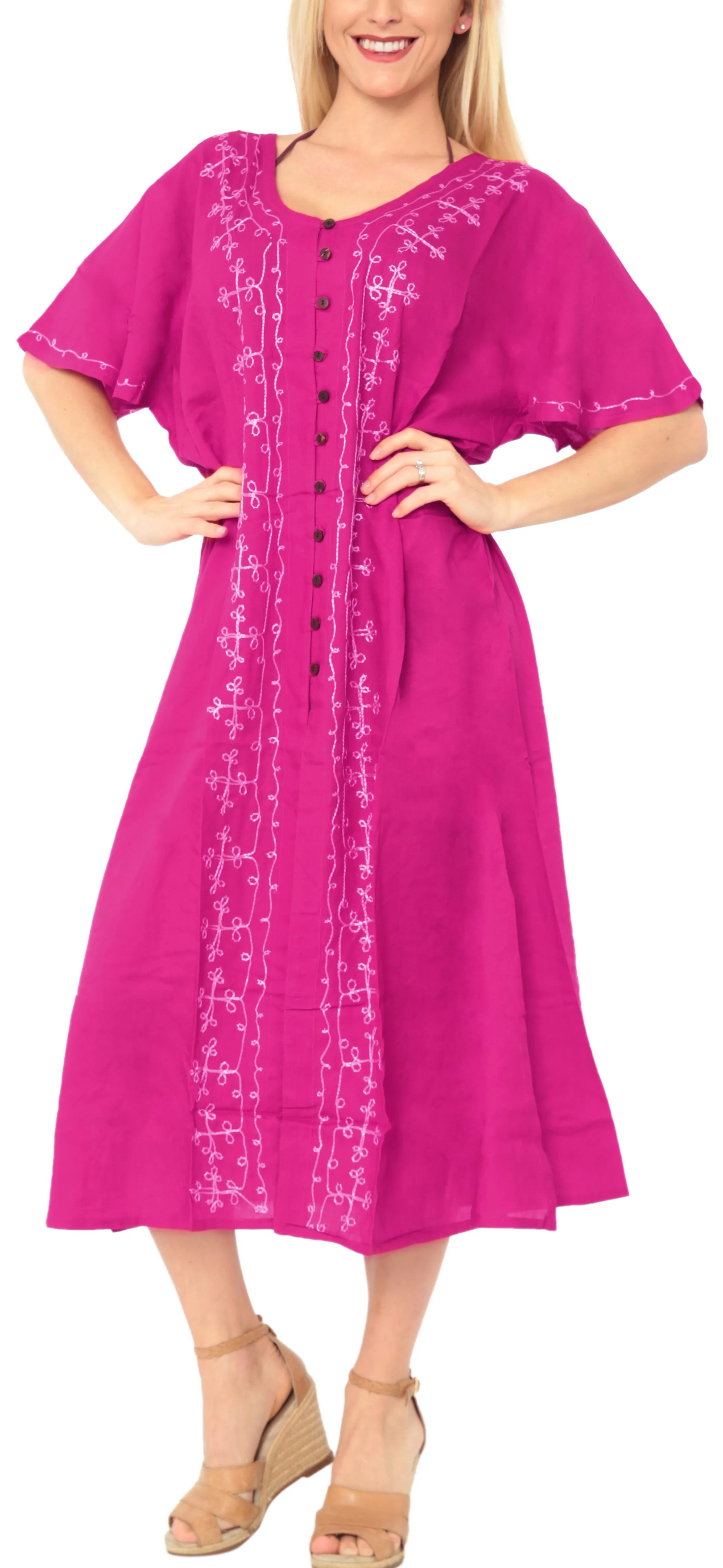 La Leela Women's Pink Maxi Dress With Neck Border Embroidery Front Cut L - XL