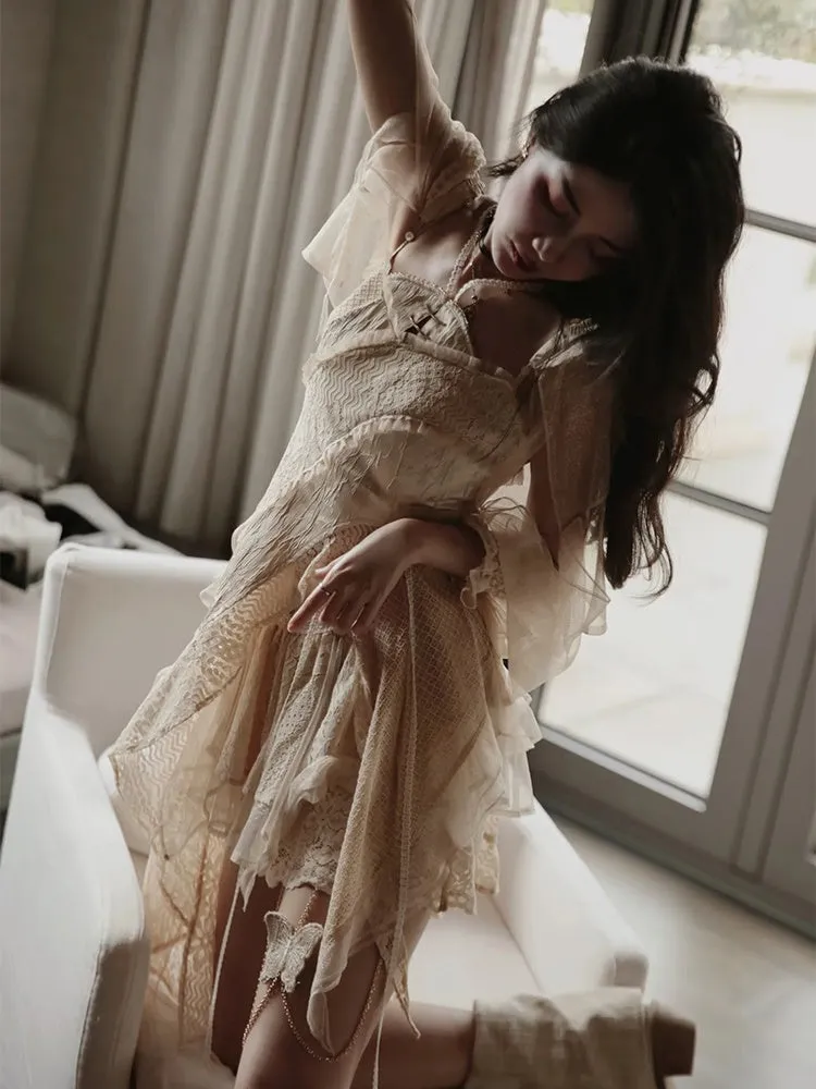 Lace Asymmetry Long Camisole Top ＆ Cake Culottes Skirt & Shawl Top