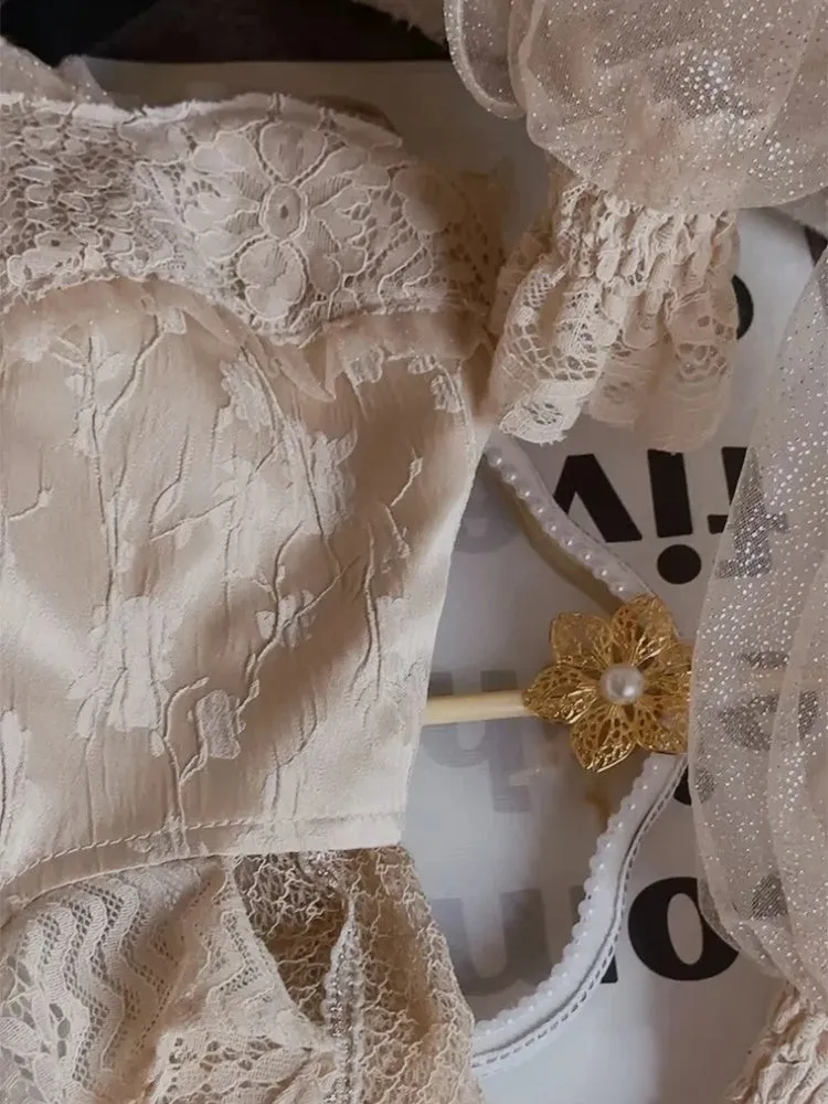 Lace Asymmetry Long Camisole Top ＆ Cake Culottes Skirt & Shawl Top