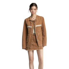 Lace Denim Jacket In Brown