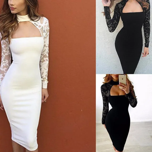 Lace Hanging Neck Long Sleeve Slim Bodycon Dress