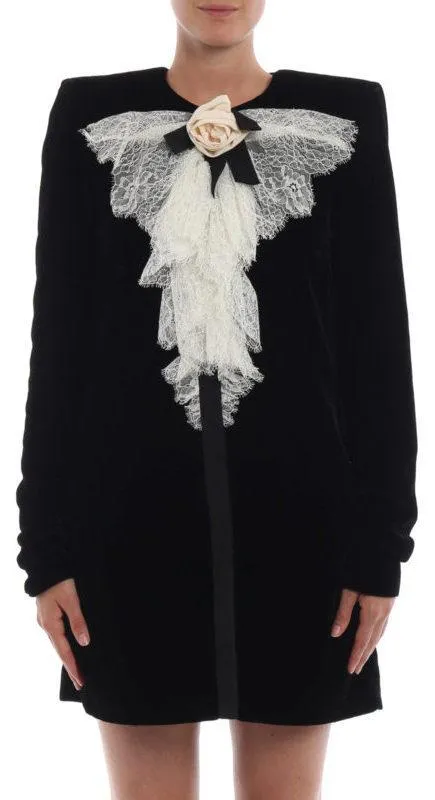 Lace Jabot Embellished Velvet Short Tunic Dress