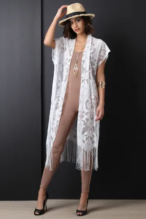 Lace Open Front Fringe-Hem Long Line Kimono