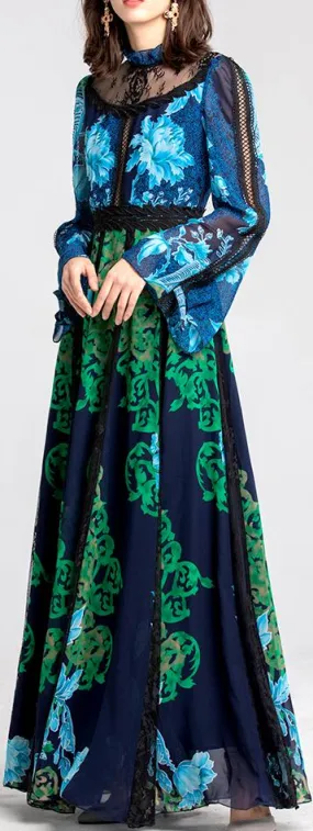 Lace Paneled Paisley Print Chiffon Dress