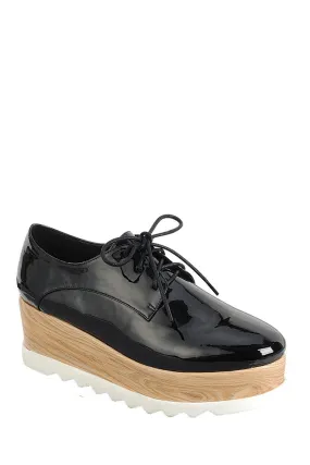 Ladies fashion lace up oxford, closed almond toe, tractor wedge flatform, lace up closure