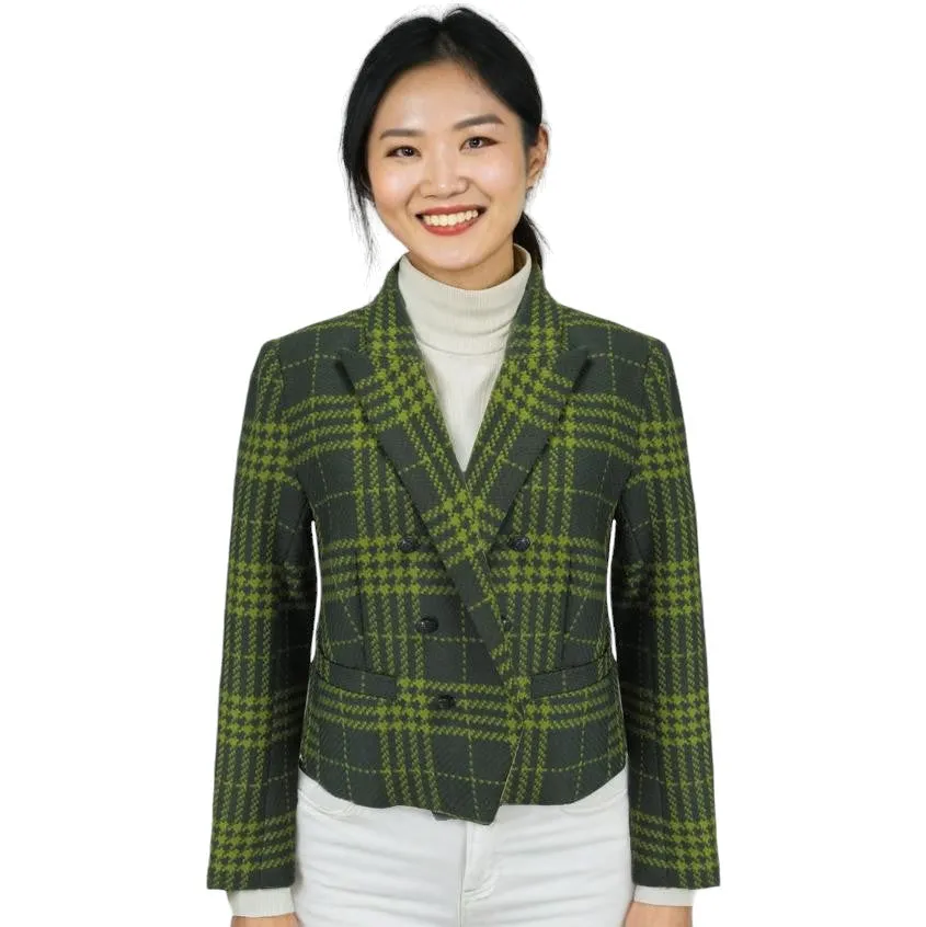 L'Agence Green Multi Plaid Brooke Double Breasted Crop Blazer