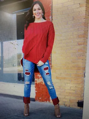 L&B Boyfriend Fit Jeans w/ Plaid patches & Cuffs Distressed