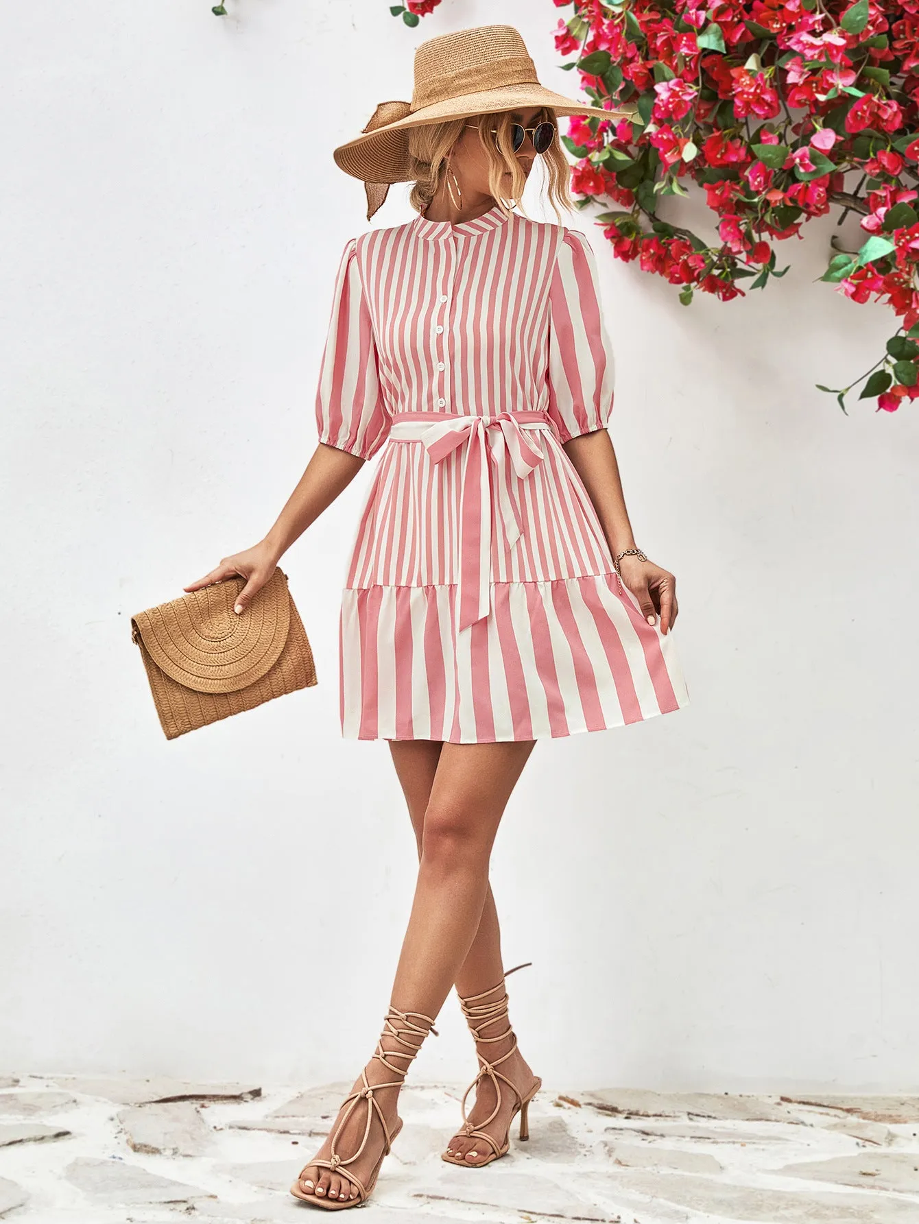 Lantern Sleeve Stand Collar Half Sleeve Striped Dress Wholesale Dresses
