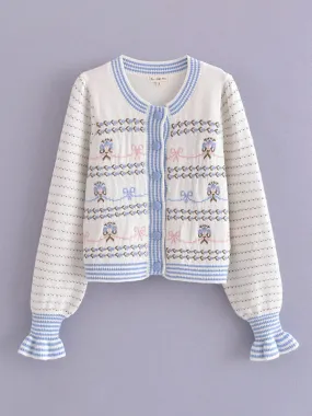 Lantern Sleeves & Bow Knit Button-Up Cozy Cardigan Sweater