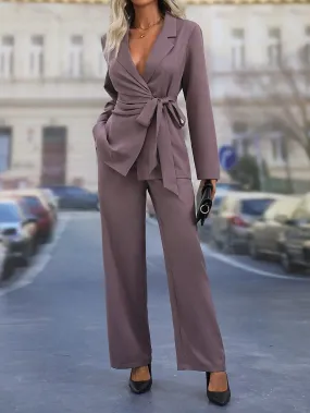 Lapel Neck Knot Side Blazer & Wide Leg Pants