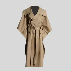 Lapel Trench Coat with Batwing Sleeves - Khaki