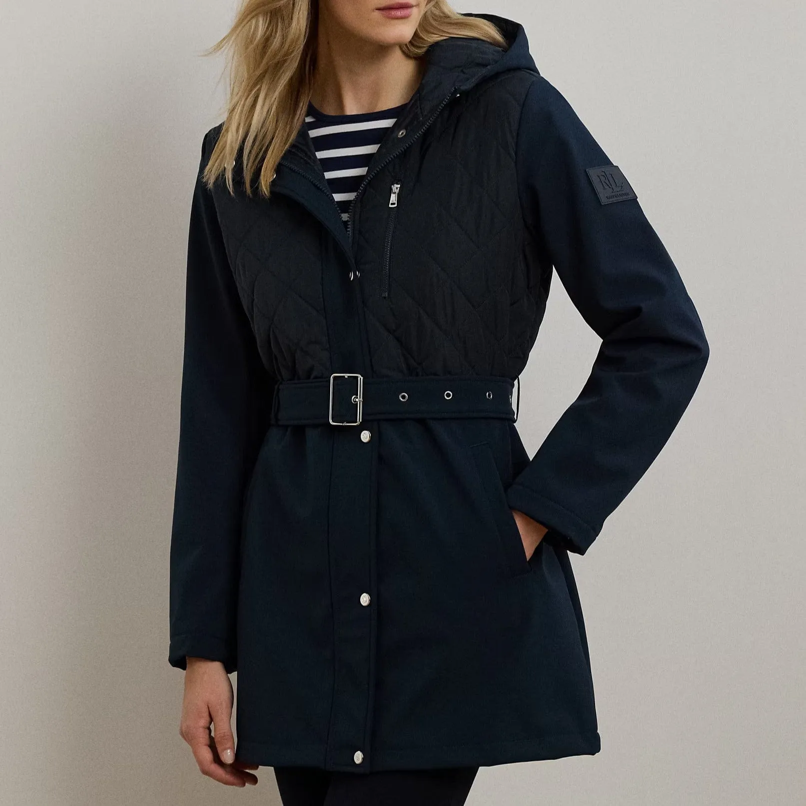 Lauren Ralph Lauren Belted Quilted Hooded Jacket In Navy