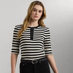 Lauren Ralph Lauren Striped Stretch Cotton Henley Tee In Black/Mascarpone Cream