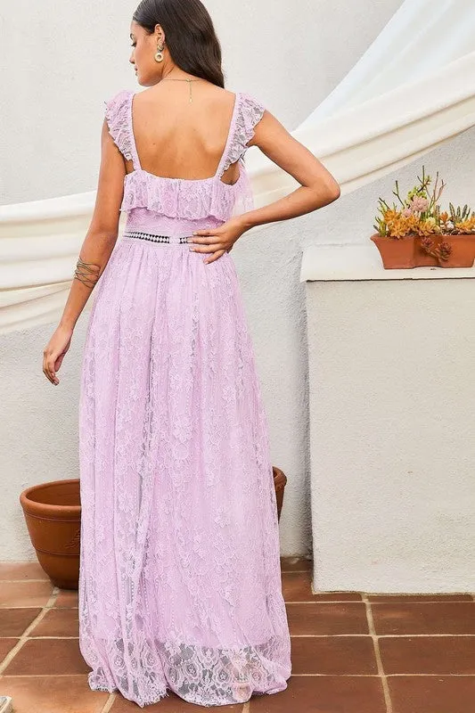 Lavender Elastic Shoulder Ruffle Back Zipper Lace Dress