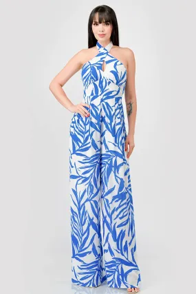 LEAF PRINT CRINKLE SATIN HALTER WIDE LEGS JUMPSUIT