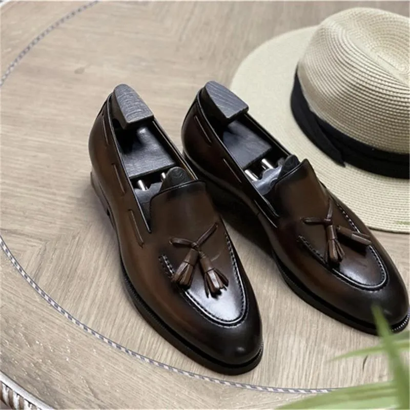 Leather Round Toe Slip-On Business Loafers - Men Shoes