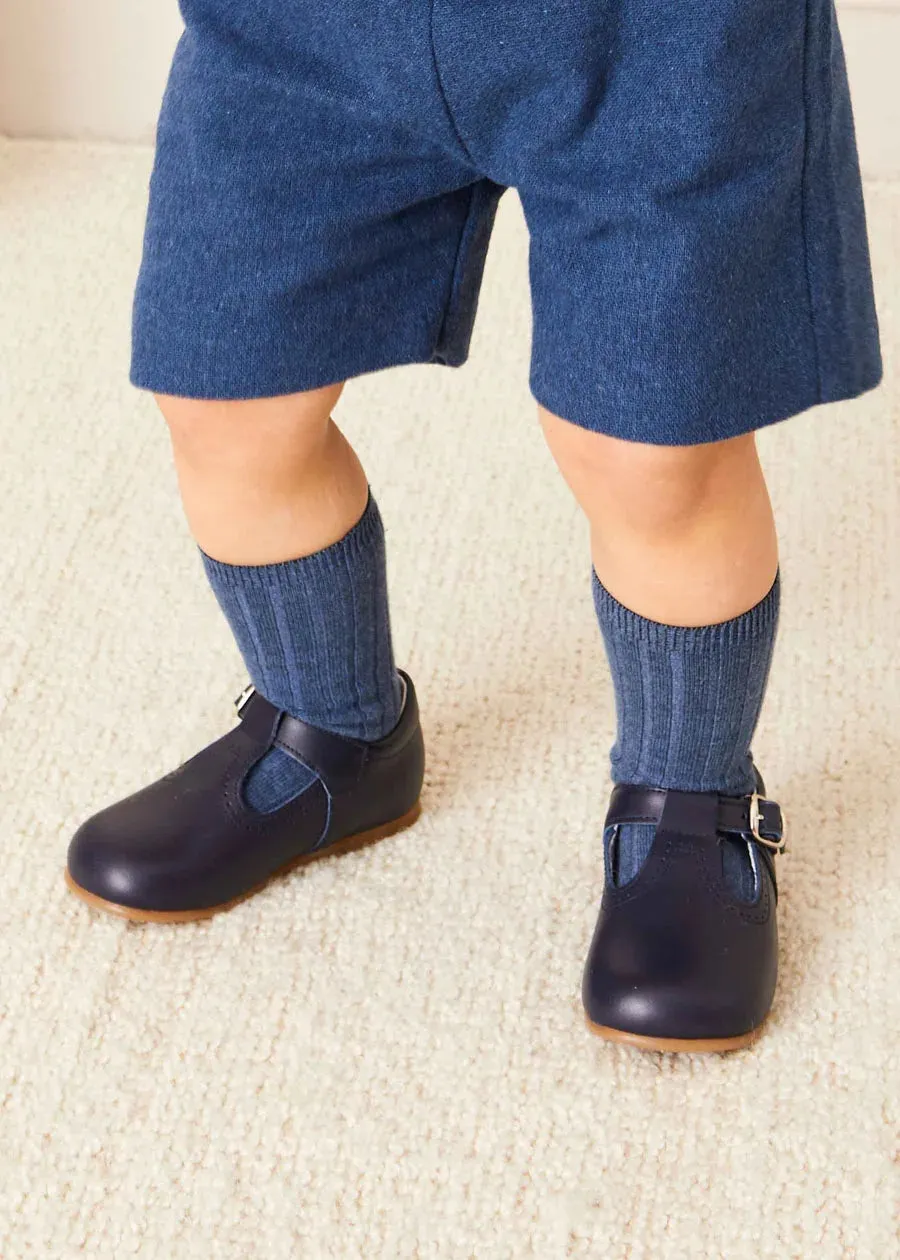 Leather T Bar Baby Shoes in Navy (20-26EU)