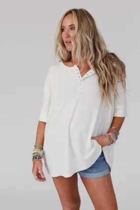 Leila Ribbed Henley Top - Ivory: XL