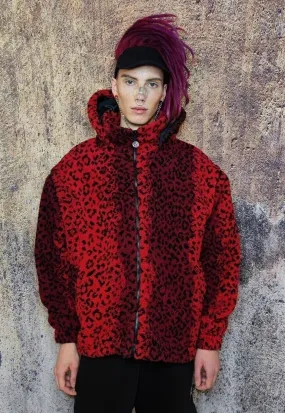 Leopard fleece hooded jacket handmade fluffy animal coat red