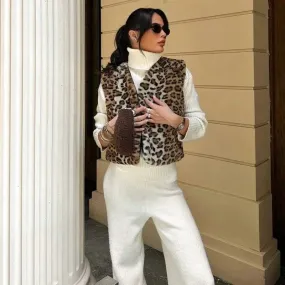 Leopard Print Faux Fur Sleeveless Jacket